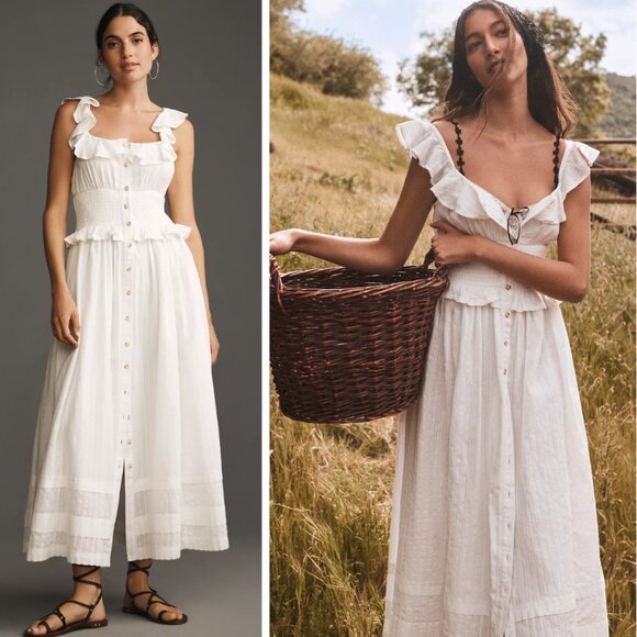 NEW Anthropologie Pilcro Ruffled Smocked-Waist Button-Front Midi Dress Bohemian - Picture 1 of 11